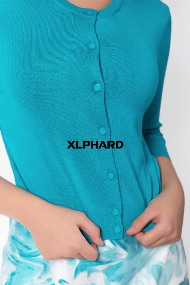 3/4 Sleeve Knit Cardigan (Teal Green) - Top
