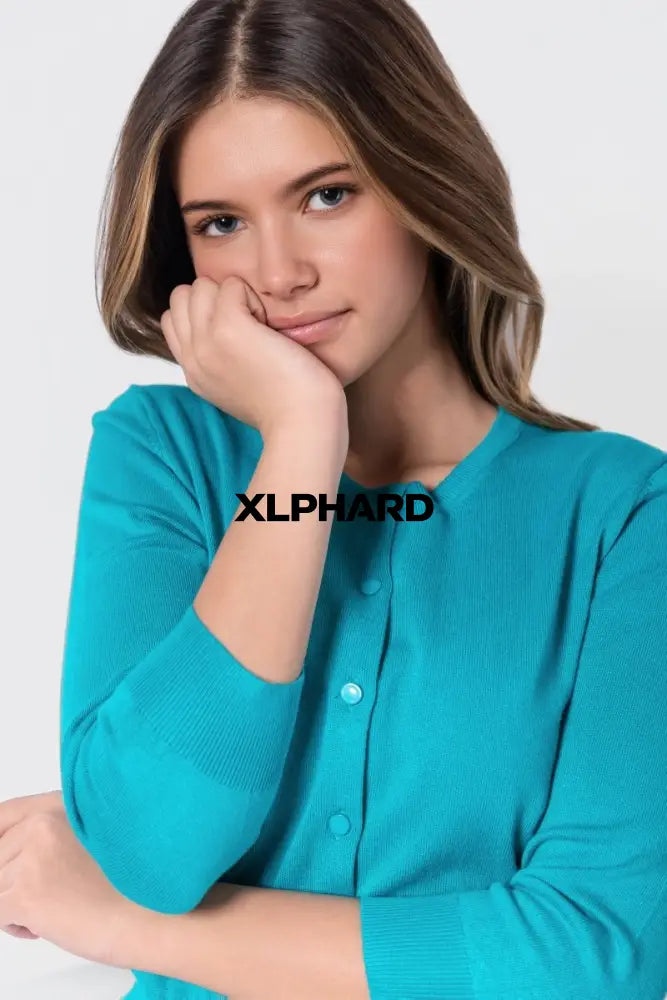 3/4 Sleeve Knit Cardigan (Teal Green) - Top