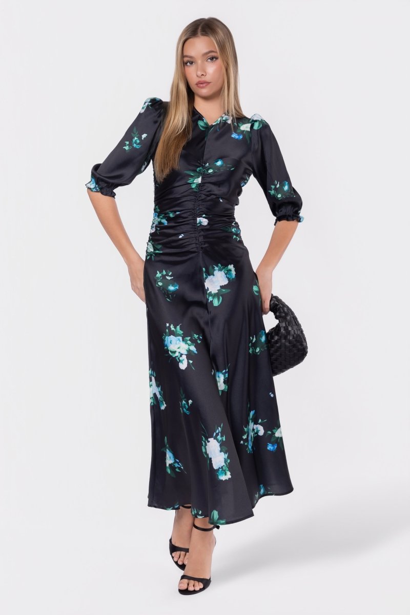 Audrey Dress Short  Sleeve (Dark Green Flower)